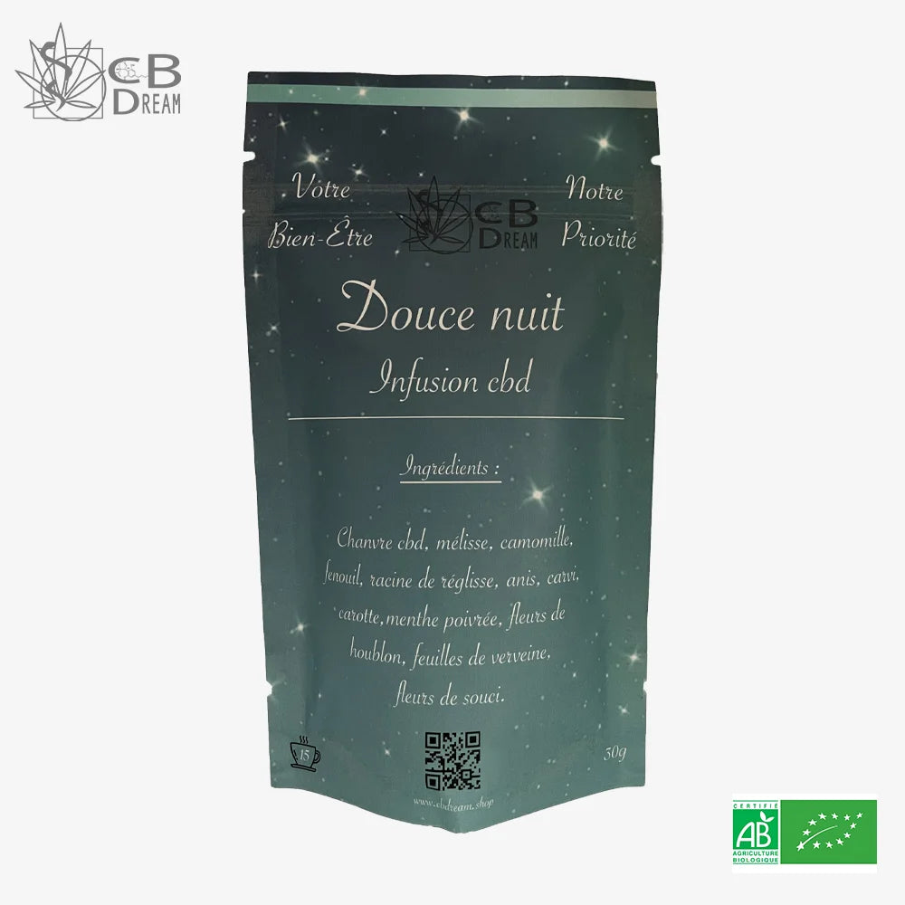 Infusion douce nuit au chanvre CBD Liste des ingrédients :Chanvre CBD, mélisse, camomille, fenouil, racine de réglisse, anis, carvi, carotte, menthe poivrée, fleurs de houblon, feuilles de verveine, fleurs de souci. Tous les ingrédients sont issus de l'agriculture biologique 100% Bio