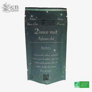 Infusion douce nuit au chanvre CBD Liste des ingrédients :Chanvre CBD, mélisse, camomille, fenouil, racine de réglisse, anis, carvi, carotte, menthe poivrée, fleurs de houblon, feuilles de verveine, fleurs de souci. Tous les ingrédients sont issus de l'agriculture biologique 100% Bio