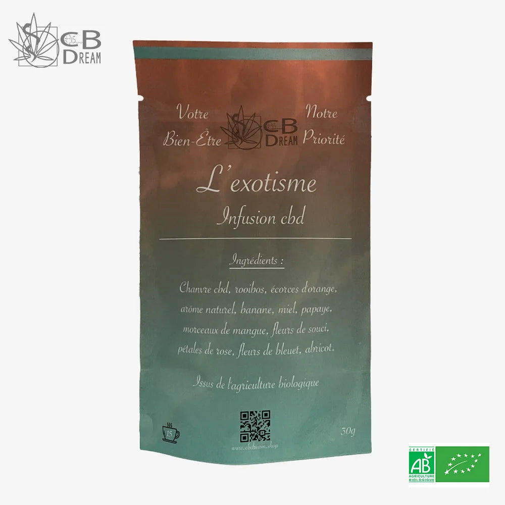 Infusion exotisme au chanvre CBD liste des ingrédients :Chanvre CBD, rooibos,écorces d'orange, arôme naturel, miel, papaye, morceaux de mangue, fleurs de souci, pétales de rose, fleurs de bleuet, abricot. Tous les ingrédients sont issus de l'agriculture biologique 100% Bio